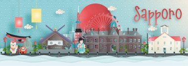 Sapporo, Hokkaido şehrinin Panorama manzarası kağıt kesimi stil illüstrasyonunda Japonya 'nın dünyaca ünlü simgeleriyle gökyüzü.