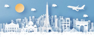 Paris, Fransa ve şehir siluetinin panorama manzarası kağıt kesimi stil illüstrasyonunda dünyaca ünlü simgelerle