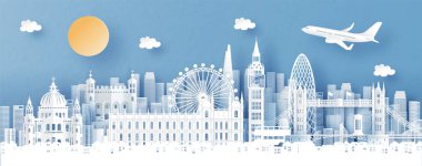 Londra, İngiltere ve şehir manzarası kağıt kesim stili illüstrasyonunda dünyaca ünlü simgeler