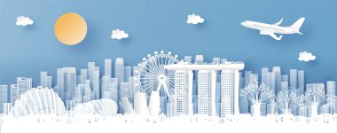 Singapur ve şehir siluetinin panorama görüntüsü kağıt kesimi biçim illüstrasyonunda dünyaca ünlü simgelerle