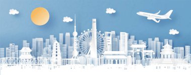 Şangay, Çin ve şehir siluetinin panorama görüntüsü kağıt kesim stili illüstrasyonunda dünyaca ünlü simgelerle