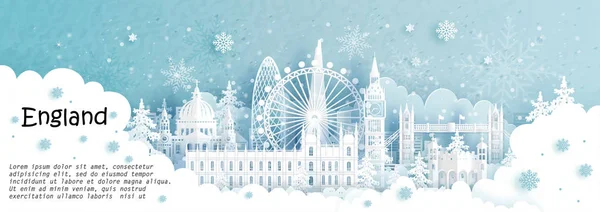 Panorama posta kartı ve İngiltere 'nin kış mevsiminde kağıt kesiği stili illüstrasyonunda kar yağan Londra, İngiltere' nin dünyaca ünlü simgelerinin posterleri.