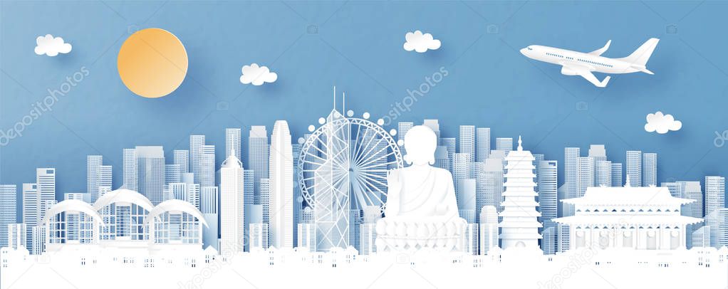 Panorama view of Hong Kong, China and city skyline with world famous landmarks in paper cut style vector illustration