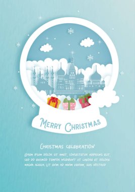Rusya 'nın ünlü simgesi olan Noel kartı. Kağıt kesimiyle Noel kutlamaları. Vektör illüstrasyonu.