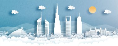 Dubai şehrinin panorama manzarası kağıt kesim stili illüstrasyonunda dünyaca ünlü simgelerle gökyüzü.