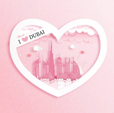 Dubai 'yi seviyorum. Dubai' nin ünlü kalp şekli çerçevesi kağıt kesim stili vektör illüstrasyonunda..
