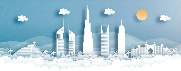Panorama Utsikt Över Dubai City Skyline Med Världsberömda Landmärken Papper — Stock vektor