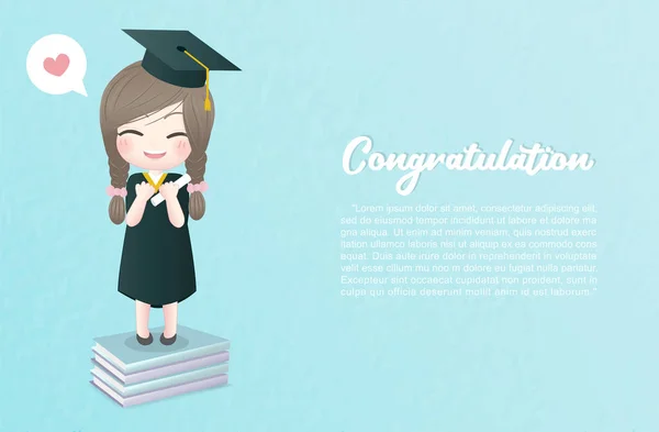 Kitapların üstünde duran ve elinde sertifikası olan güzel bir kızın tebrik kartı, mutlu bir kız mezun oldu, davetiye kartı tasarım illüstrasyonu.