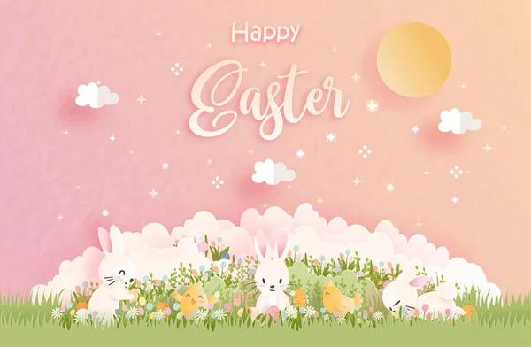 复活节快乐与可爱的兔子和鳗鱼蛋剪纸风格的矢量插图 — 图库矢量图片