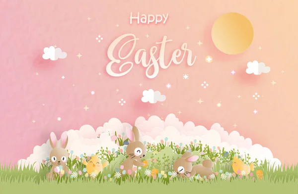复活节快乐与可爱的兔子和鳗鱼蛋剪纸风格的矢量插图 — 图库矢量图片
