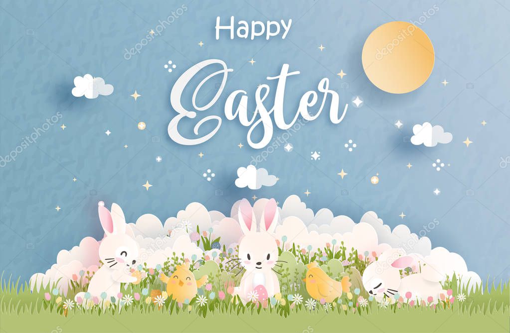 Happy Easter with cute bunny and Ester eggs in paper cut style vector illustration.