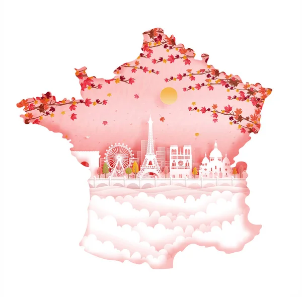 Herbst Paris Frankreich Mit Karte Und Weltberühmtem Wahrzeichen Scherenschnitt Stil — Stockvektor