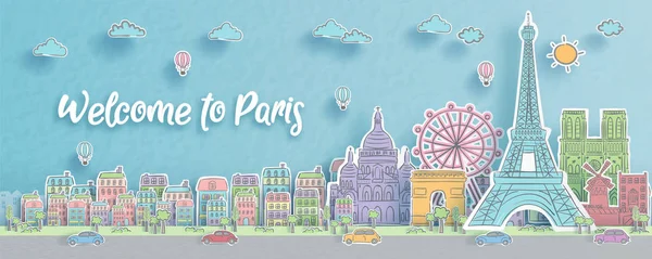 Paris, Fransa ve şehir siluetinin panorama manzarası kağıt kesimi stil illüstrasyonunda dünyaca ünlü simgelerle.