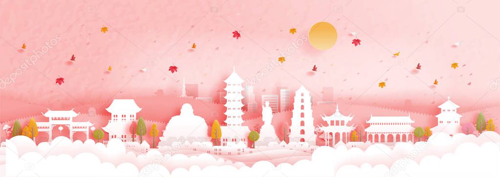 Autumn in China with world famous landmark in paper cut style vector illustration.