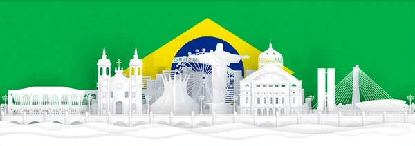 Brezilya bayrağı ve kağıt kesimi biçim illüstrasyonunda ünlü simgeler
