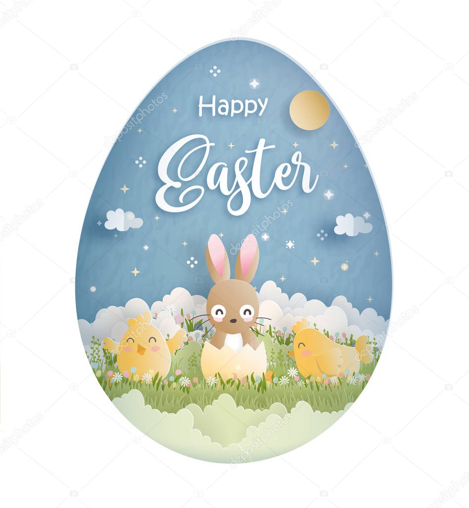 Happy Easter with cute bunny and Ester eggs in paper cut style vector illustration.