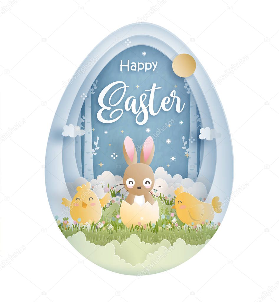 Happy Easter with cute bunny and Ester eggs in paper cut style vector illustration.