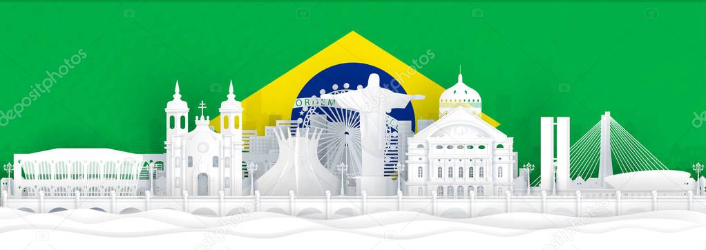 Brazil flag and famous landmarks in paper cut style vector illustration