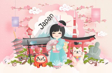 Fuji Dağı ve Kimono 'lu Japon insanların kağıt kesim tarzında giyindiği Japonya' nın dünyaca ünlü simgelerinin tanıtım kartı, posteri, turne reklamı. Vektör illüstrasyonu 