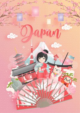 Fuji Dağı ve Kimono 'lu Japon insanların kağıt kesim tarzında giyindiği Japonya' nın dünyaca ünlü simgelerinin tanıtım kartı, posteri, turne reklamı. Vektör illüstrasyonu 