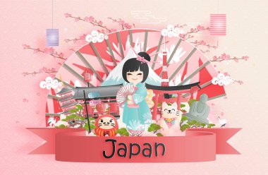 Fuji Dağı ve Kimono 'lu Japon insanların kağıt kesim tarzında giyindiği Japonya' nın dünyaca ünlü simgelerinin tanıtım kartı, posteri, turne reklamı. Vektör illüstrasyonu 