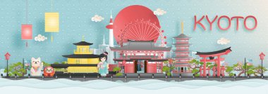 Kyoto şehrinin panorama manzarası Japonya 'nın dünyaca ünlü simgeleriyle kağıt kesim stili illüstrasyonunda.
