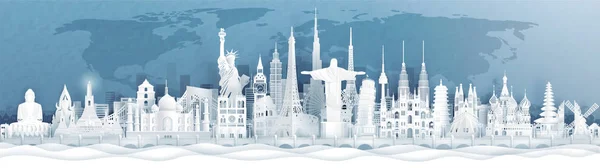 Panorama Vista Monumentos Fama Mundial Papel Corte Estilo Vector Ilustración — Vector de stock