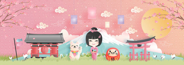 Travel postcard, poster, tour advertising of world famous landmarks of Japan with Fuji mountain and Japanese people in Kimono dress in paper cut style. Vector illustration 