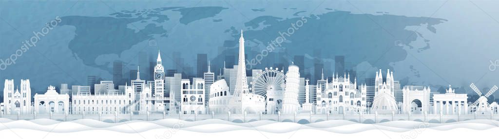 Panorama view of Europe world famous landmarks in paper cut style vector illustration.