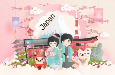 Fuji Dağı ve Kimono 'lu Japon insanların kağıt kesim tarzında giyindiği Japonya' nın dünyaca ünlü simgelerinin tanıtım kartı, posteri, turne reklamı. Vektör illüstrasyonu 