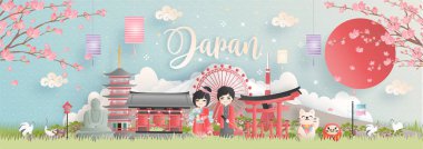 Fuji Dağı ve Kimono 'lu Japon insanların kağıt kesim tarzında giyindiği Japonya' nın dünyaca ünlü simgelerinin tanıtım kartı, posteri, turne reklamı. Vektör illüstrasyonu 