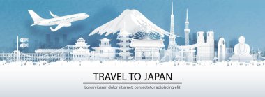 Şehir siluetinin panorama manzaralı ve kağıt kesim stili illüstrasyonunda dünyaca ünlü simgelerle Japonya 'ya seyahat konsepti ile seyahat reklamcılığı.