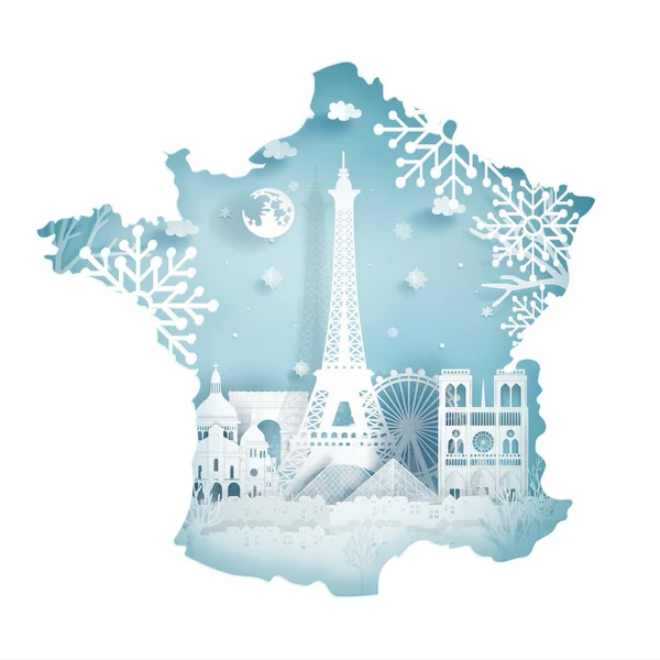 法国巴黎冬季天际线图与世界著名地标的剪纸矢量图解 — 图库矢量图片