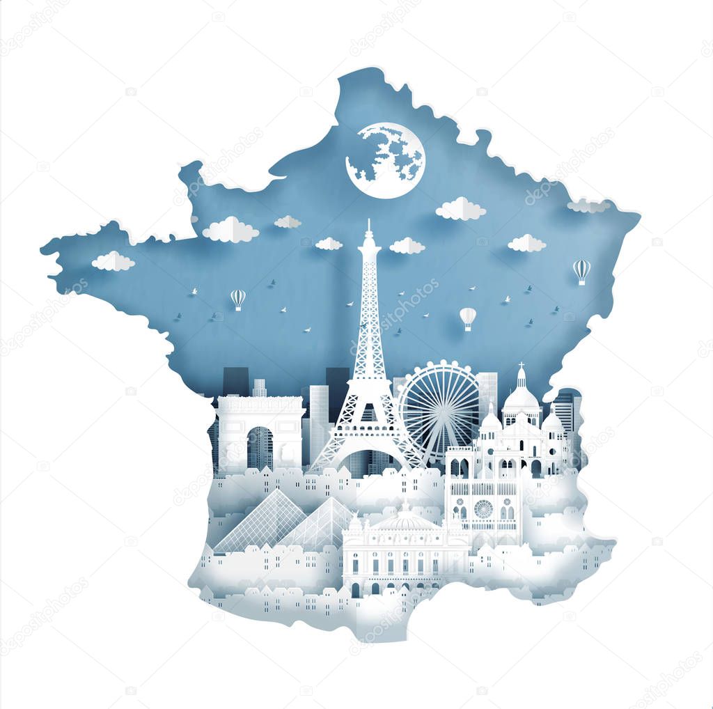 Map of Paris, France City skyline with world famous landmarks in paper cut style vector illustration.