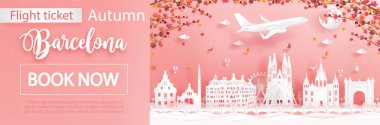 İspanya 'nın Barselona kentine giden uçuş ve bilet tanıtım şablonu düşen akçaağaç yaprakları ve kağıt kesim stili illüstrasyonundaki ünlü simgelerle sonbahar sezonunda yapılan anlaşma