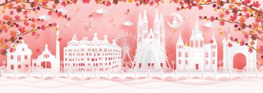 Barcelona, İspanya 'da sonbahar. Düşen akçaağaç yaprakları ve kağıt kesim tarzı illüstrasyonunda dünyaca ünlü simgeler.