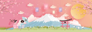 Fuji Dağı ve Kimono 'lu Japon insanların kağıt kesim tarzında giyindiği Japonya' nın dünyaca ünlü simgelerinin tanıtım kartı, posteri, turne reklamı. Vektör illüstrasyonu 