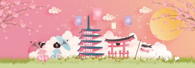 Fuji Dağı ve Kimono 'lu Japon insanların kağıt kesim tarzında giyindiği Japonya' nın dünyaca ünlü simgelerinin tanıtım kartı, posteri, turne reklamı. Vektör illüstrasyonu 