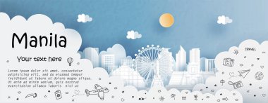 Manila, Filipinler 'e seyahat ile seyahat ve seyahat reklam şablonu kağıt kesim stili illüstrasyonunda ünlü simgeler 