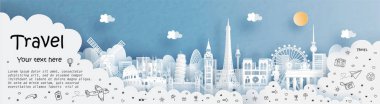 Tur ve seyahat reklam şablonu ile Avrupa 'ya seyahat kağıt kesim tarzı vektör illüstrasyonunda ünlü simgeler 