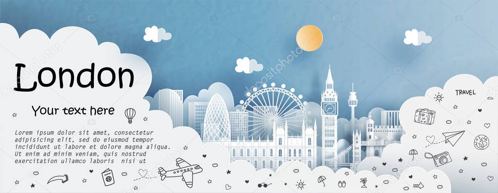 Tour and travel advertising template with travel to London, England with famous landmarks in paper cut style vector illustration 