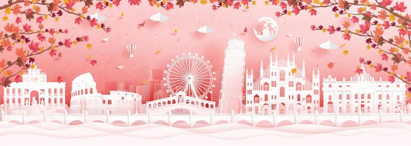 Otoño Italia Con Hito Fama Mundial Papel Corte Estilo Vector — Vector de stock