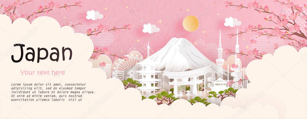 Japan travel postcard and poster, advertising with famous landmark. Fuji mountain. paper cut vector illustration.