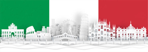 Italian flag and famous landmarks in paper cut style vector illustration