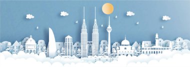 Kağıt kesim stili illüstrasyonunda dünyaca ünlü simgelerle Malezya şehir siluetinin panorama görüntüsü.