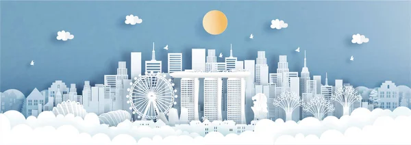 Panorama Uitzicht Singapore Stad Skyline Met Wereldberoemde Bezienswaardigheden Papier Gesneden — Stockvector