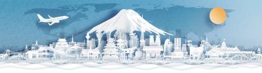 Japonya şehir manzarası kağıt kesim stili illüstrasyonunda dünyaca ünlü simgelerle gökyüzü.