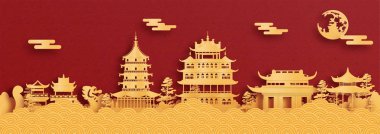 Panorama kartpostalı ve Çin 'in Hangzhou kentinin kağıt kesim stili illüstrasyonunda dünyanın en ünlü simgelerinin afişi.