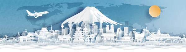 Panorama Utsikt Över Japan Stad Skyline Med Världsberömda Landmärken Papper — Stock vektor