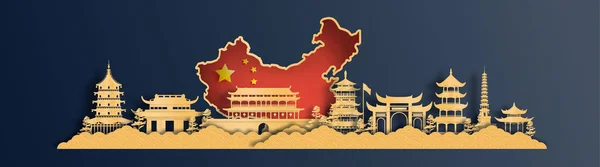 Çin Haritasında Chengdu Çin Dünyaca Ünlü Simgeleri Kağıt Kesim Stili — Stok Vektör